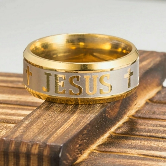 Gold Stainless Steel JESUS Insignia Emblem Embossed Engraved 8mm 8mm Band Ring - Picture 9 of 16